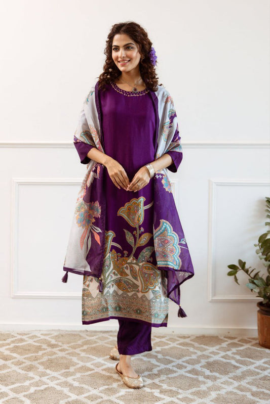 Tapee Purple Floral Silk Suit Set