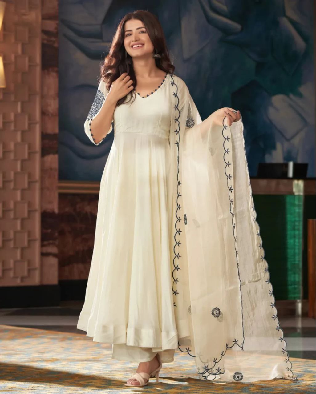 Rasha White Embroidered Anarkali Suit