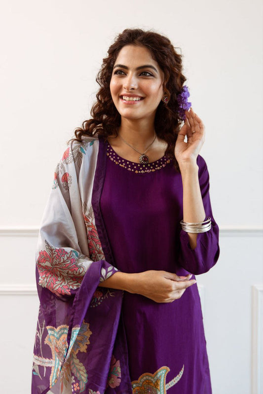 Tapee Purple Floral Silk Suit Set