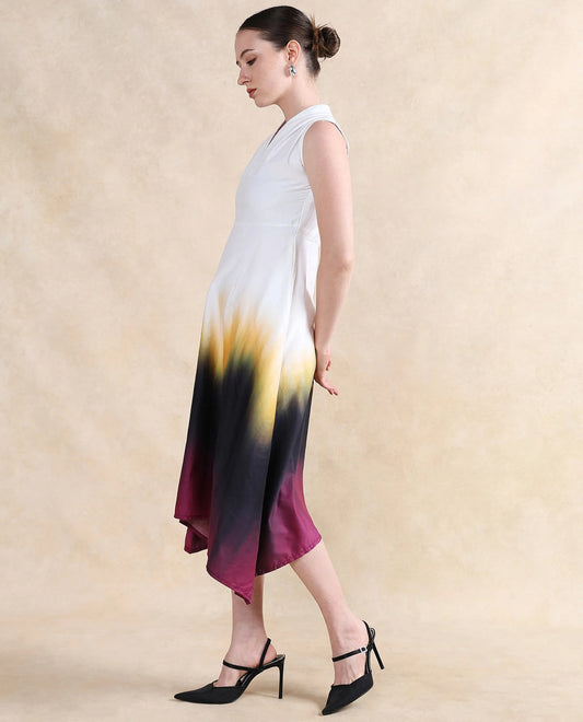 Liya Satin Sleeveless Midi Dress in Ombre Print