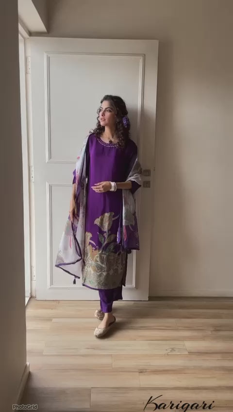 Tapee Purple Floral Silk Suit Set